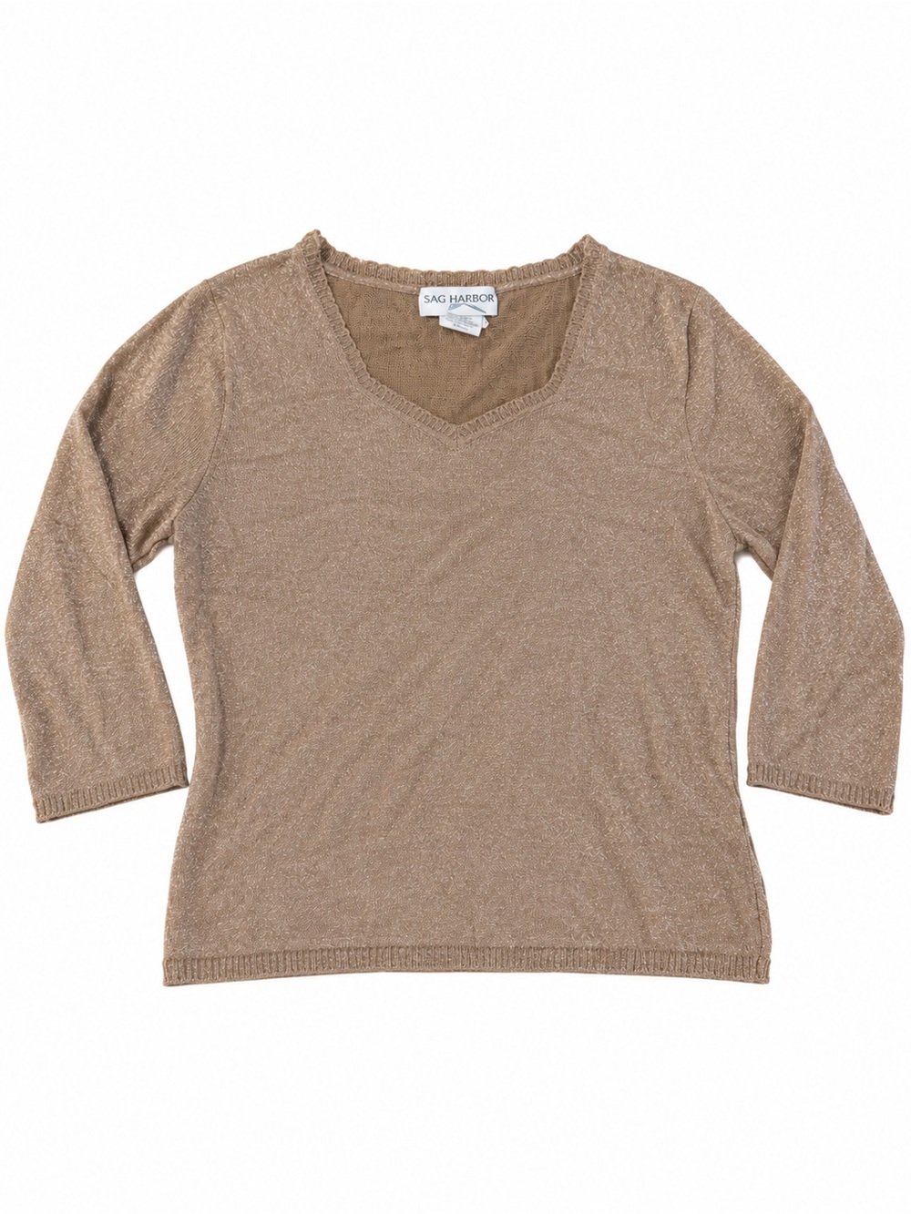 Sag Harbor Sweater V neck Sparkle PM 3/4 sleeves Tan